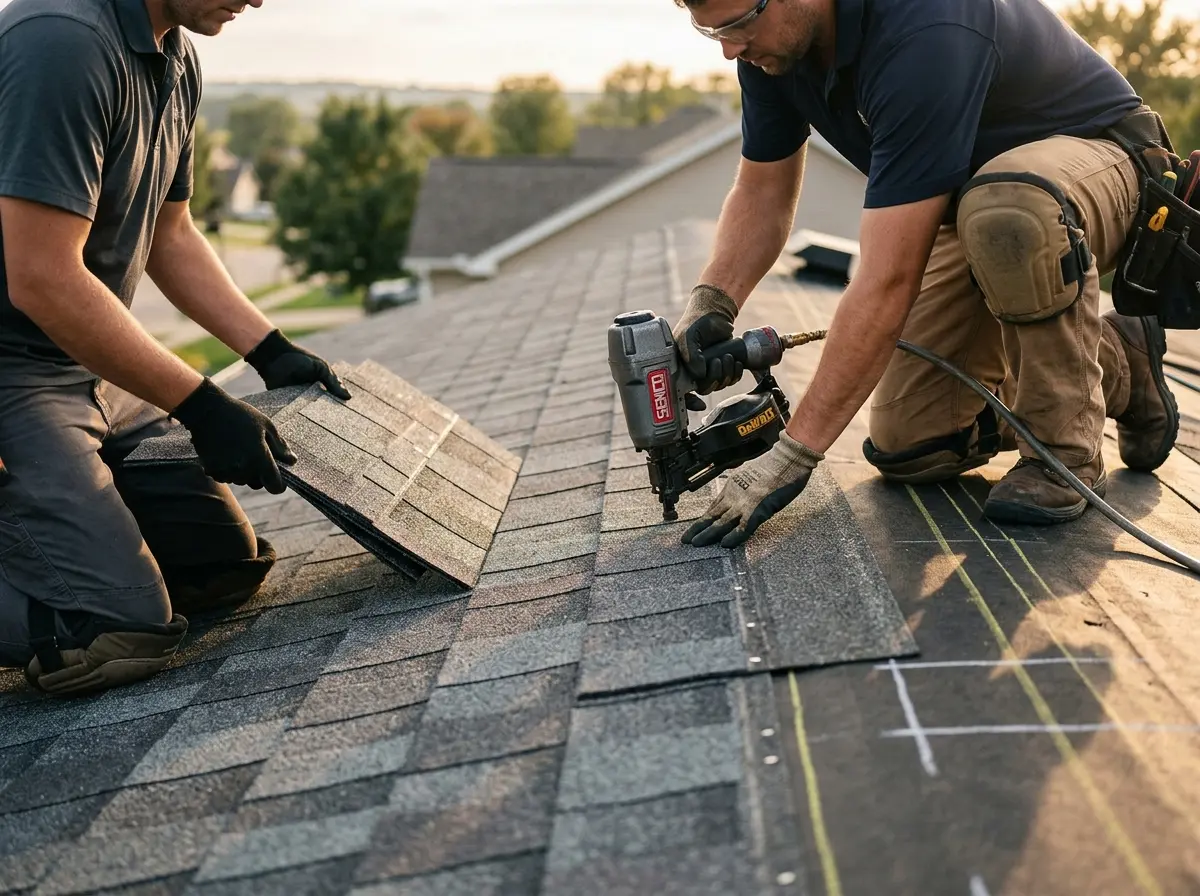 Professional roofer working on a residential roof in Busti